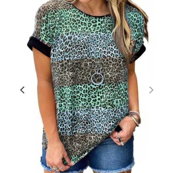 Green Blue Gray Leopard Print Patchwork T-Shirt - Picture 1 of 2